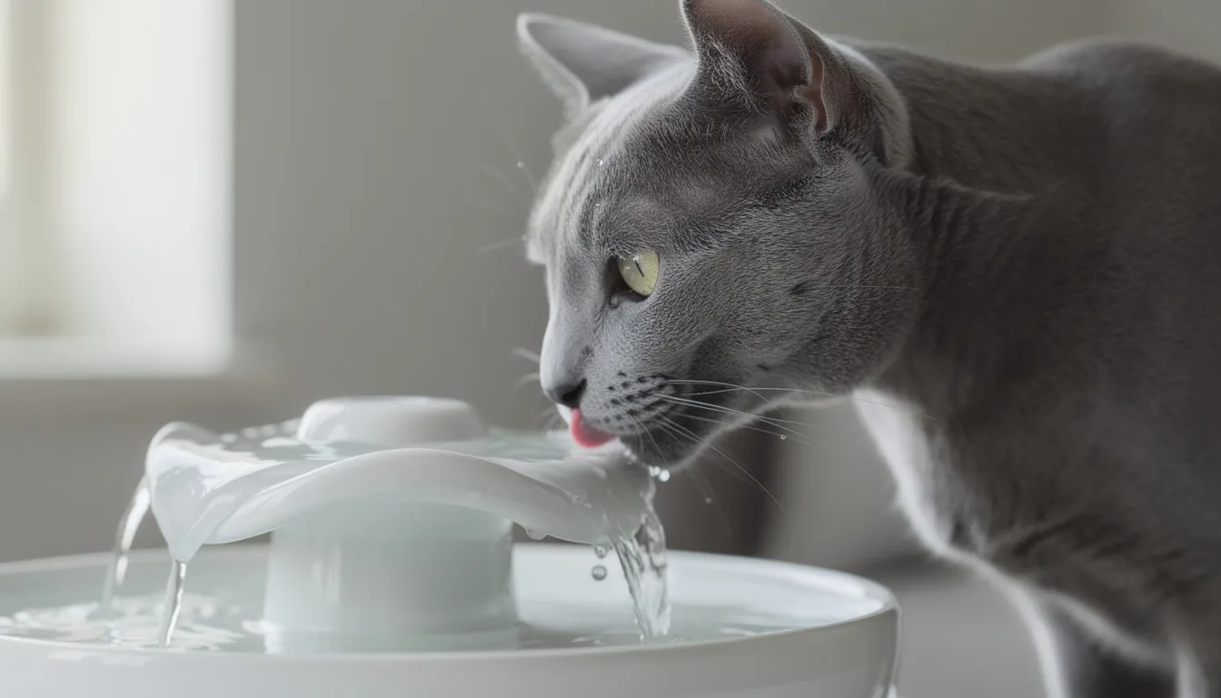 A sleek grey cat is drinking from a ceramic water fountain, enjoying fresh water that promotes a healthy cat's hydration. This indoor cat appears content as it quenches its thirst, showcasing the importance of proper nutrition and hydration for feline friends.
