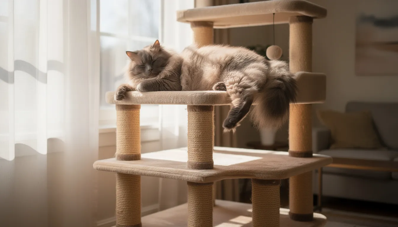 A happy domestic cat is relaxing on a multi-level cat tree, basking in the sunlight streaming through a nearby window. The cat's body language is calm, with its ears perked up and tail resting comfortably, showcasing typical kitty behavior as it enjoys the warmth and comfort of its soft perch.