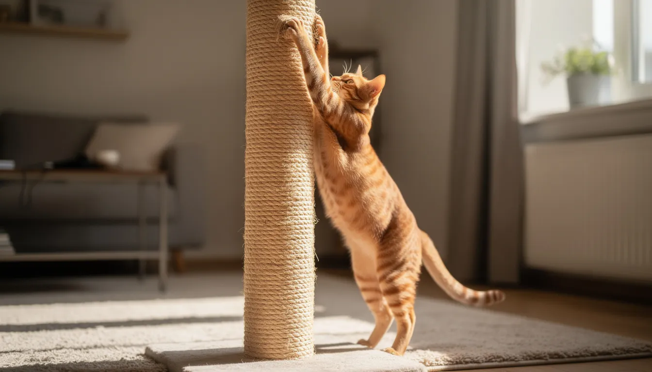 A ginger adult cat is seen stretching fully on a tall sisal scratching post, showcasing its long body and relaxed demeanor. This scene captures the essence of indoor cats enjoying their environment, emphasizing the importance of scratching posts for a cat's health and happiness.