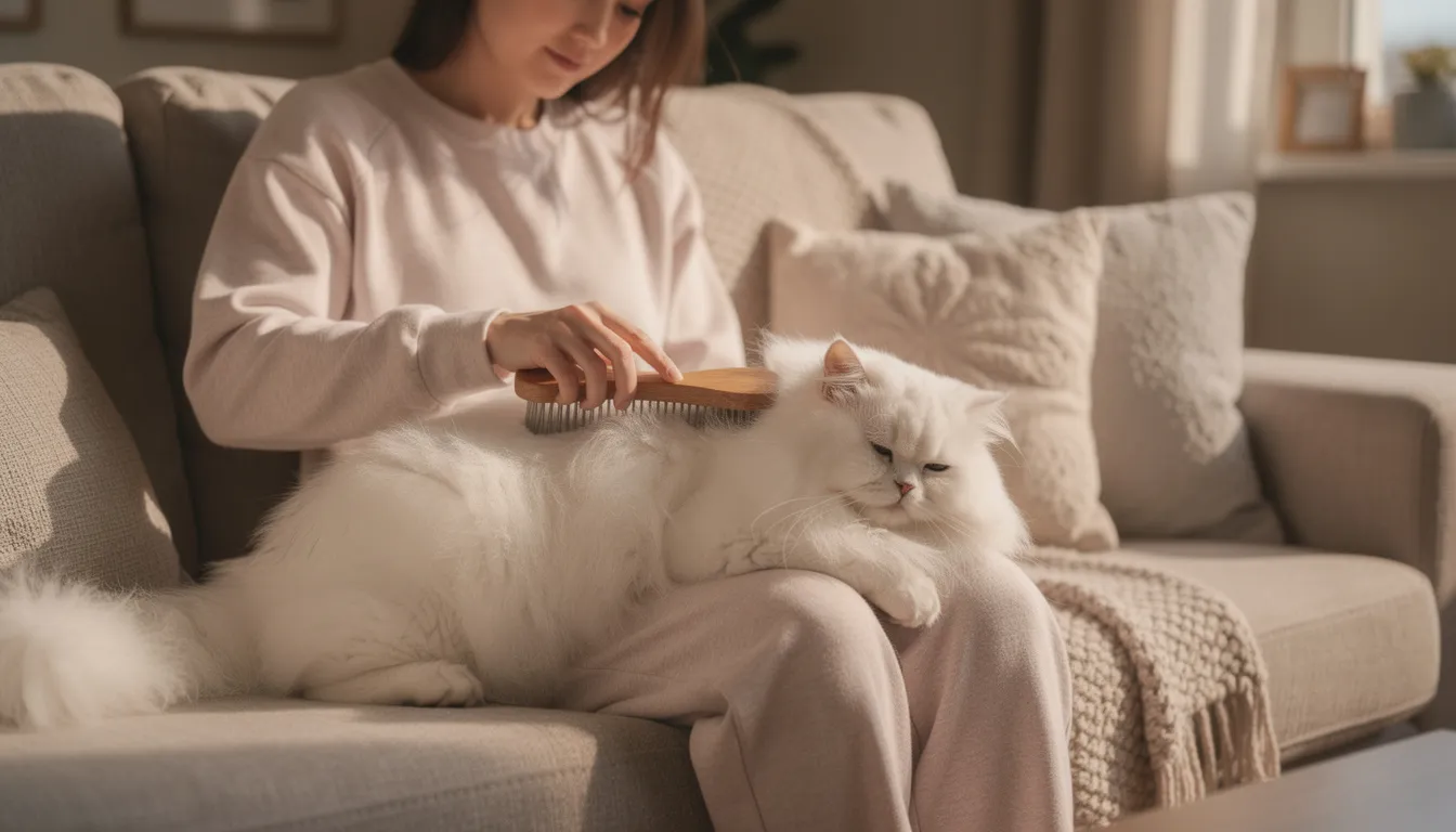 A person is gently brushing a long-haired Persian cat while seated on a comfortable sofa, showcasing the importance of regular grooming for maintaining a healthy cat's coat. The cozy setting emphasizes the bond between the feline friend and its owner, highlighting the care involved in keeping indoor cats happy and healthy.