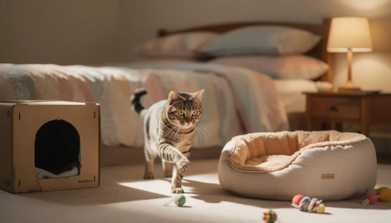 A calm tabby cat is cautiously exploring a cozy bedroom, which features a soft cat bed and a cardboard box hideaway, creating a perfect environment for indoor cats to feel safe and curious. The room is inviting, suggesting a nurturing space for a feline friend to thrive and enjoy their surroundings.