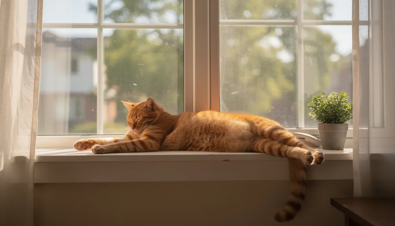 A relaxed orange tabby cat is lounging stretched out in a sunny window, showcasing its happy demeanor with its ears perked up and tail relaxed. This common cat behavior highlights the cat's comfort and enjoyment of the warm sunlight, typical of domestic cats seeking a soft surface to rest on.