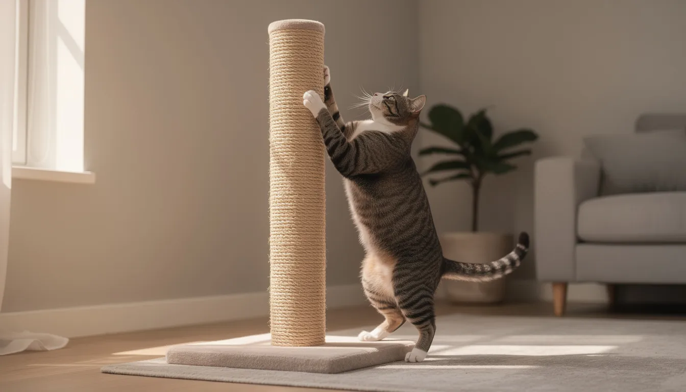 A domestic cat is happily using a tall sisal scratching post in the corner of a cozy living room, displaying common cat behavior as it stretches and sharpens its claws. The cat's body language shows contentment, with its ears perked up and tail held high, indicating it feels secure in its territory.